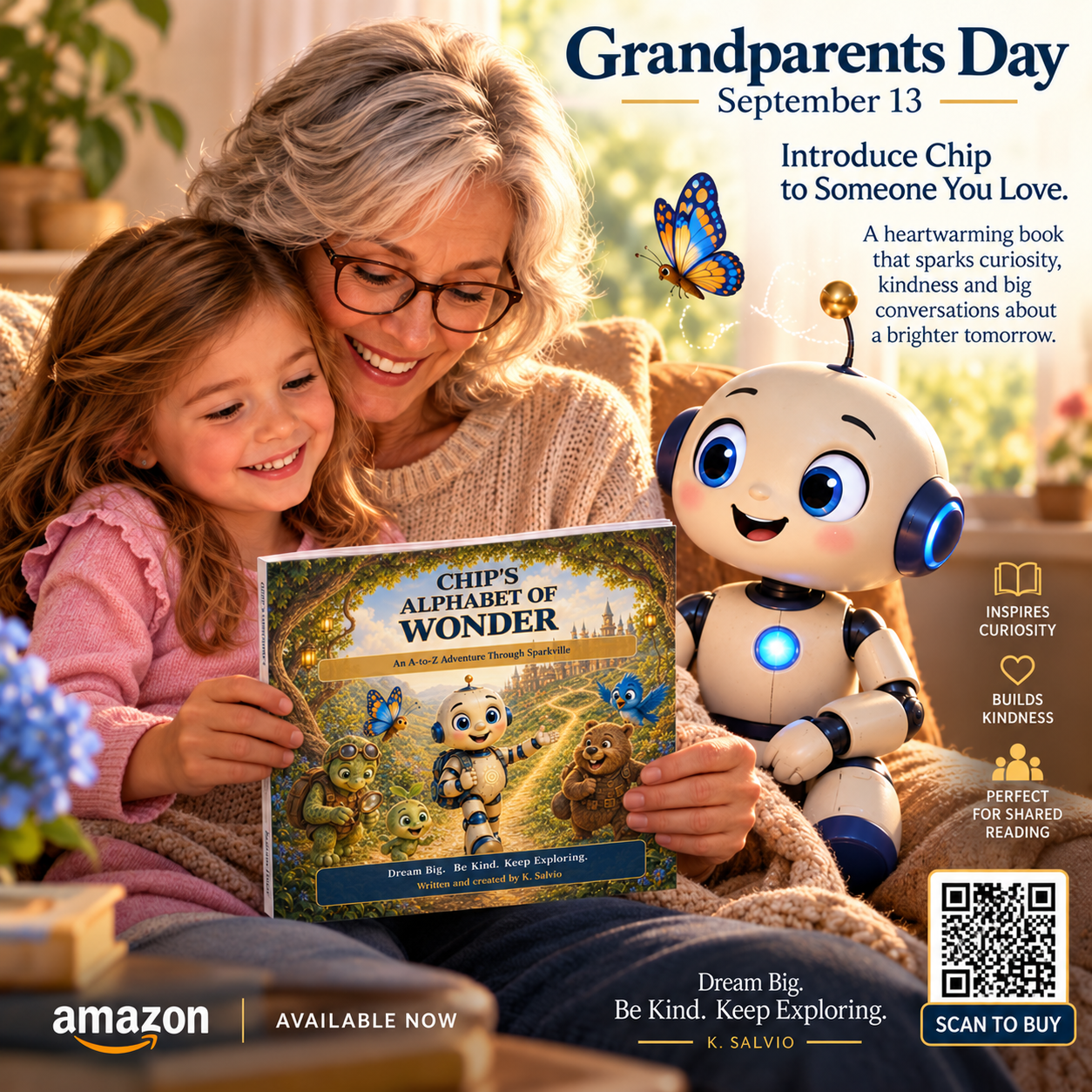 A grandmother and granddaughter reading Chip's Alphabet of Wonder together, with Chip the robot beside them
